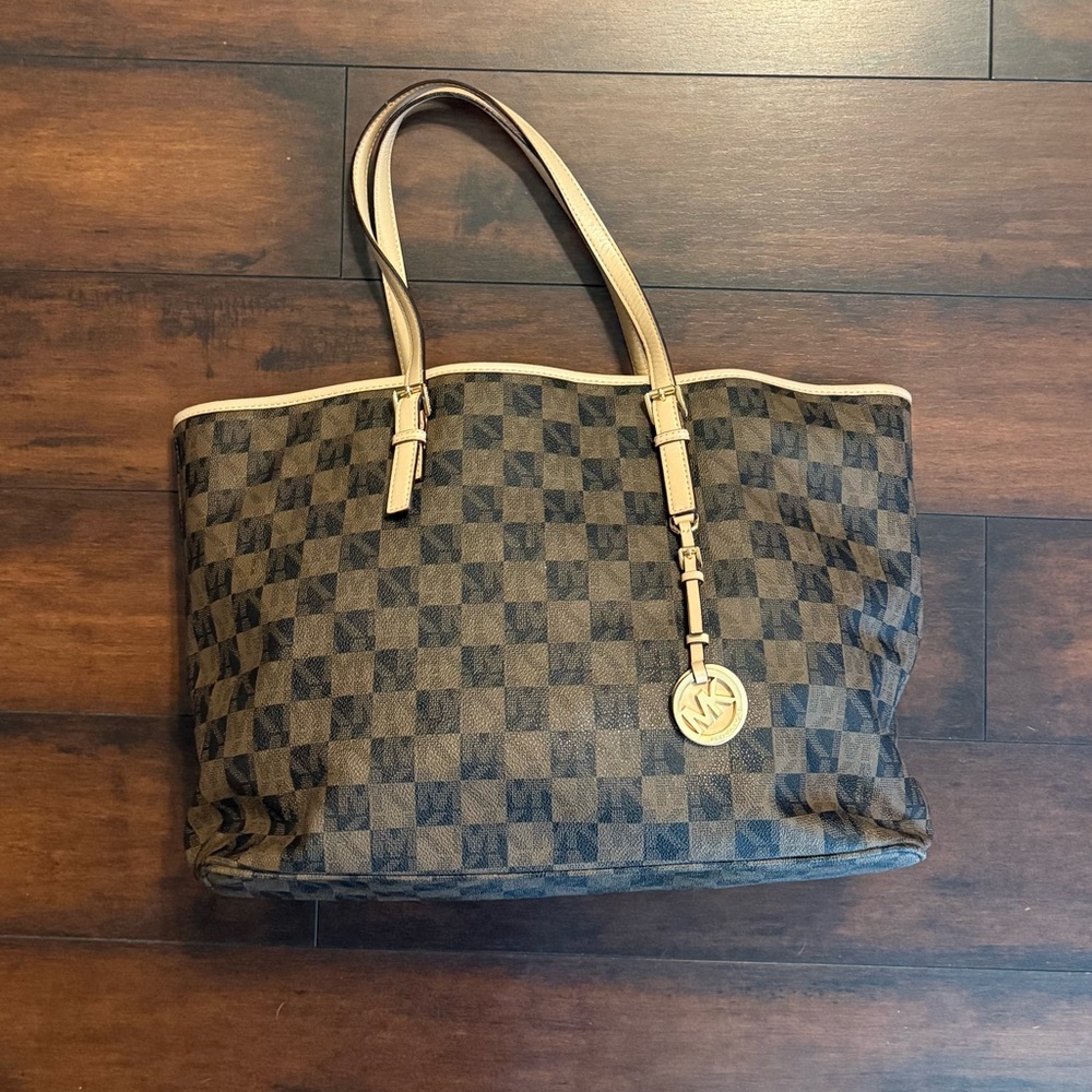 Michael Kors Brown Checkerboard Jet Set Tote Bag Purse